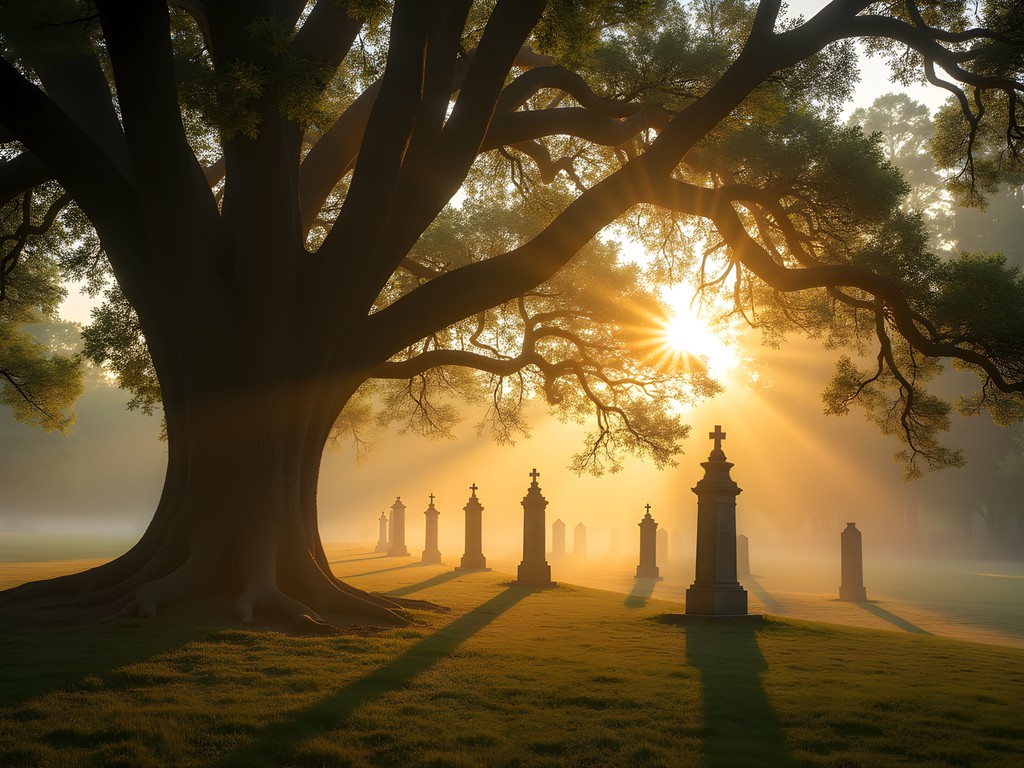 Sunrise at Historic Oakwood Cemetery with ancient oak trees and historic monuments