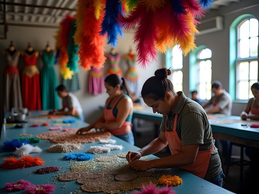 Artisans creating elaborate carnival costumes at Cidade do Samba in Rio de Janeiro