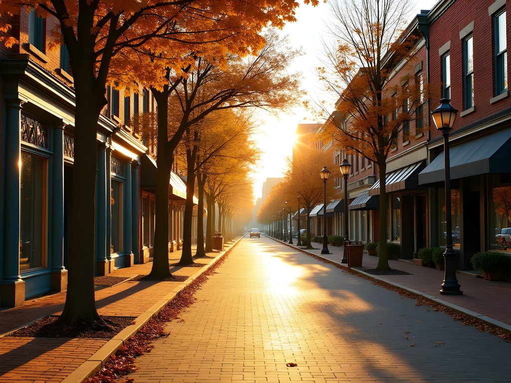 Historic Main Street in Rock Hill at sunrise with golden light illuminating Victorian architecture