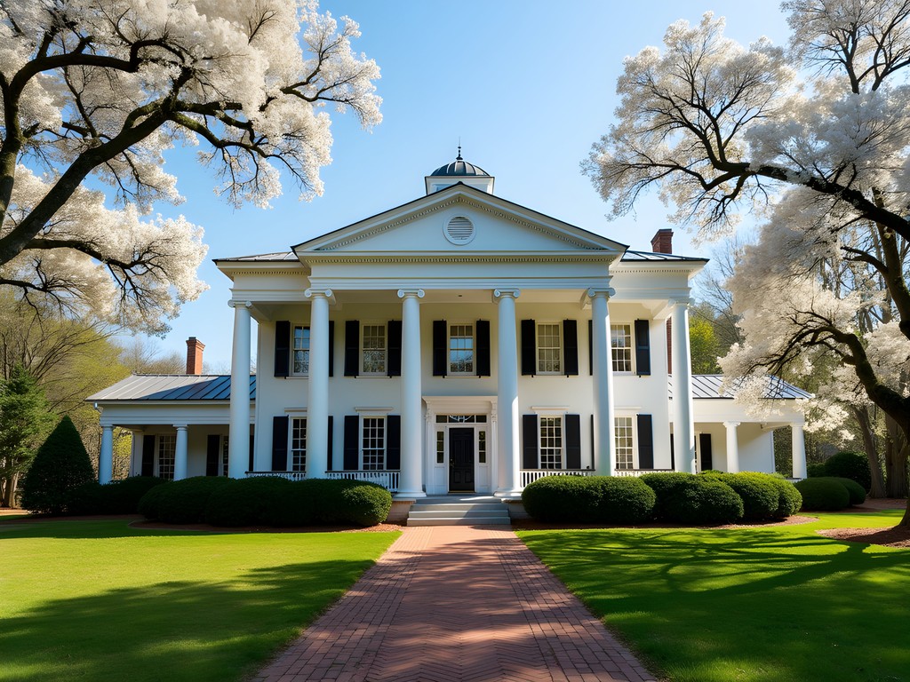 Historic Bulloch Hall mansion with blooming magnolia trees in Roswell, Georgia