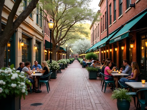 Outdoor dining scene on historic Canton Street in Roswell, Georgia during spring