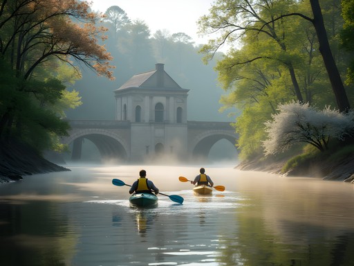 Kayaking on the Chattahoochee River with historic mill ruins visible from the water in Roswell, Georgia
