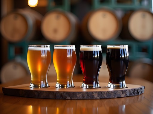 Craft beer flight with wood sampling board in Salem brewery