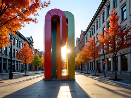 Colorful public sculpture installation in downtown Salem with fall foliage