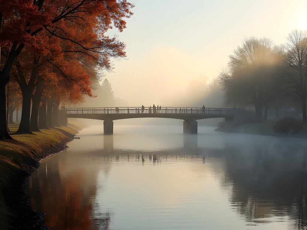 Misty morning view of Salem's Riverfront Park with fall foliage and pedestrian bridge