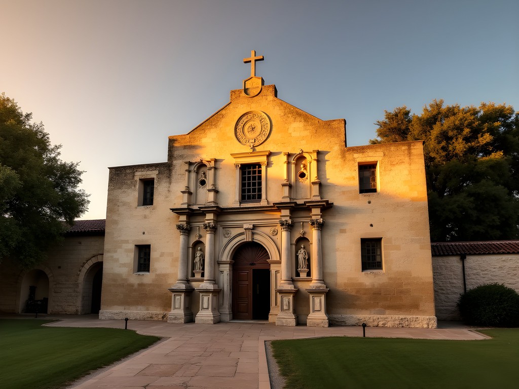 Morning light illuminating Mission San José's limestone facade in San Antonio
