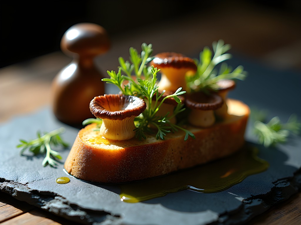 Traditional pintxo inspired by Basque mythology with forest mushrooms and herbs