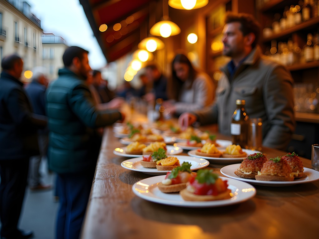 Lively evening crowd at traditional pintxo bar in Parte Vieja, San Sebastian