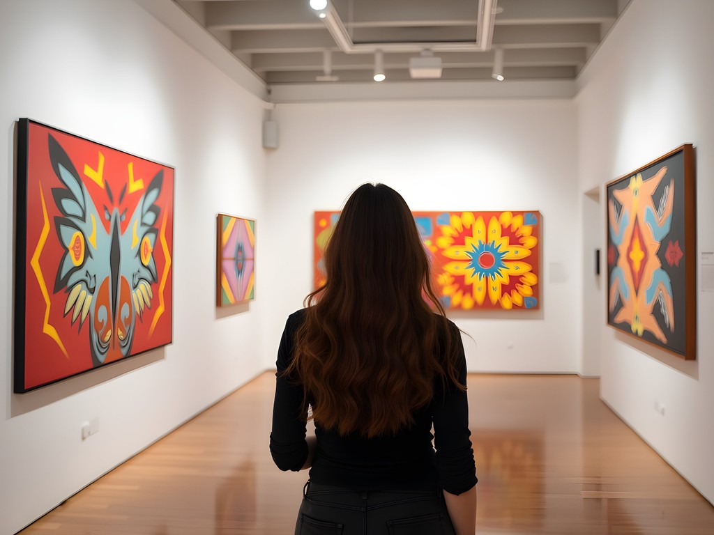Woman viewing contemporary indigenous artwork in Santa Fe museum