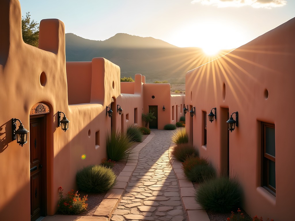 Golden morning light illuminating traditional adobe architecture in Santa Fe