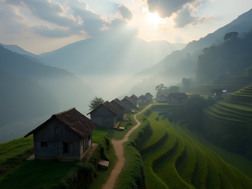 Remote Hmong village nestled in misty Sapa mountains with traditional houses