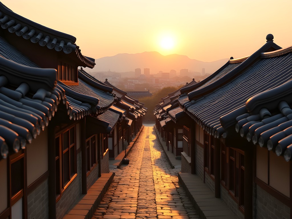 Traditional Korean hanok houses with curved tile roofs at sunrise in Bukchon Hanok Village with Seoul city skyline in background