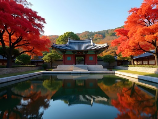 Vibrant autumn foliage surrounding traditional Korean pavilion in Changdeokgung Palace Secret Garden with pond reflection