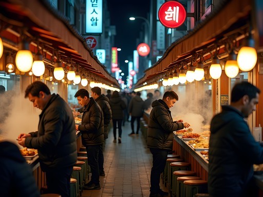 Bustling night scene at Gwangjang Market in Seoul with food vendors, neon lights, and crowds enjoying street food