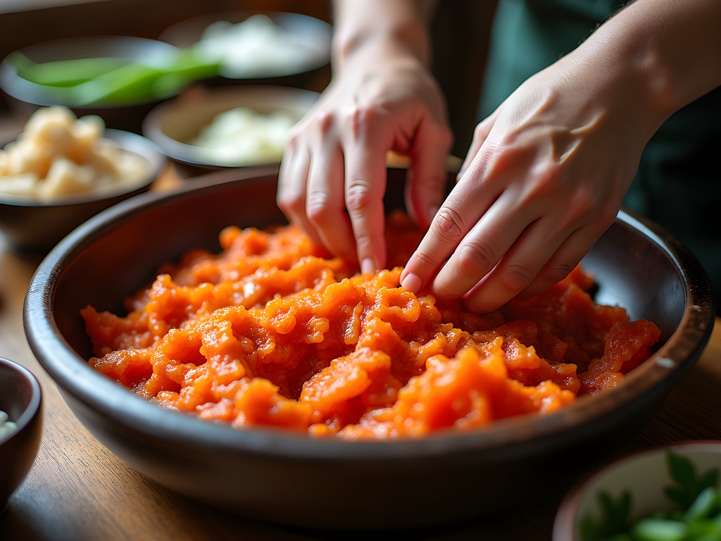Hands-on kimchi making workshop in Seoul showing traditional preparation methods with cabbage and red pepper paste