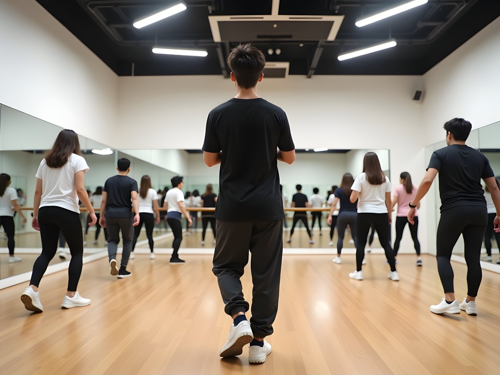 K-pop dance class in Seoul with instructor demonstrating choreography in studio with mirrored walls