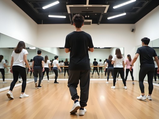 K-pop dance class in Seoul with instructor demonstrating choreography in studio with mirrored walls