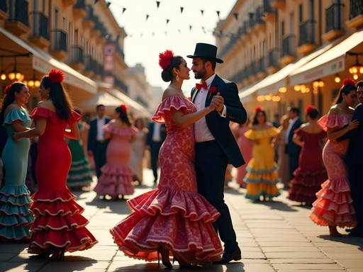 Couples dancing sevillanas at Feria de Abril in Seville