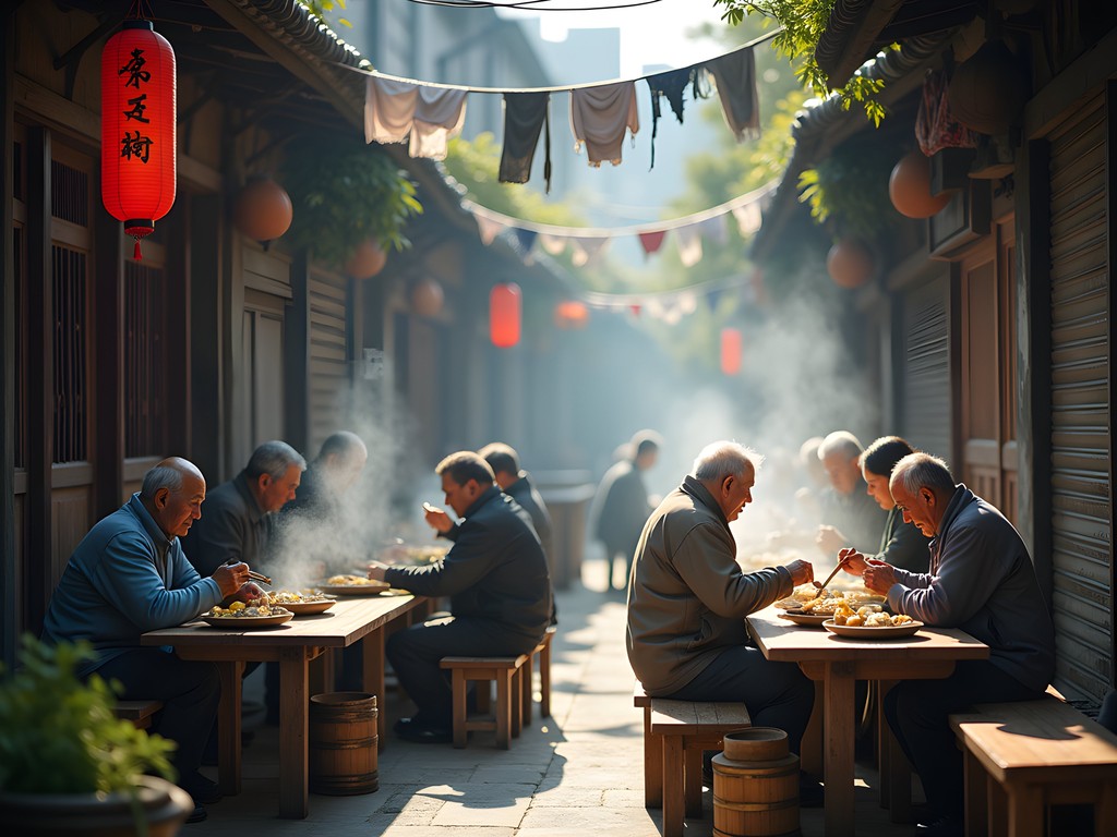 Traditional community breakfast gathering in a Shanghai longtang alleyway