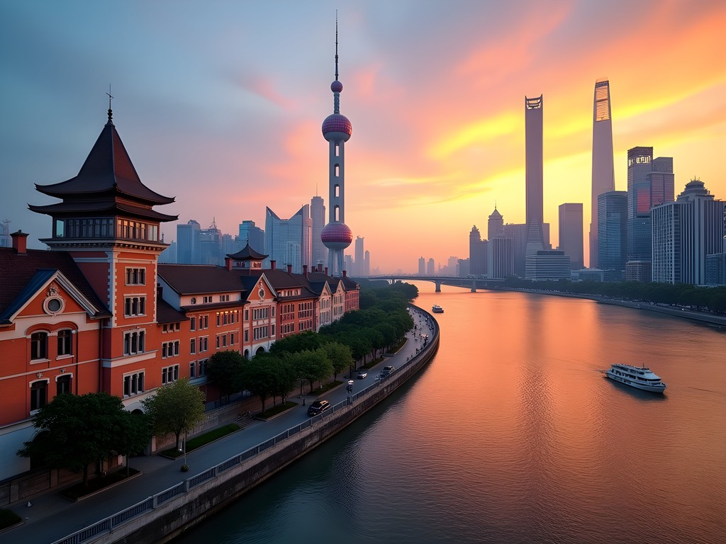 Sunset view from The Bund showing colonial architecture against Pudong's futuristic skyline