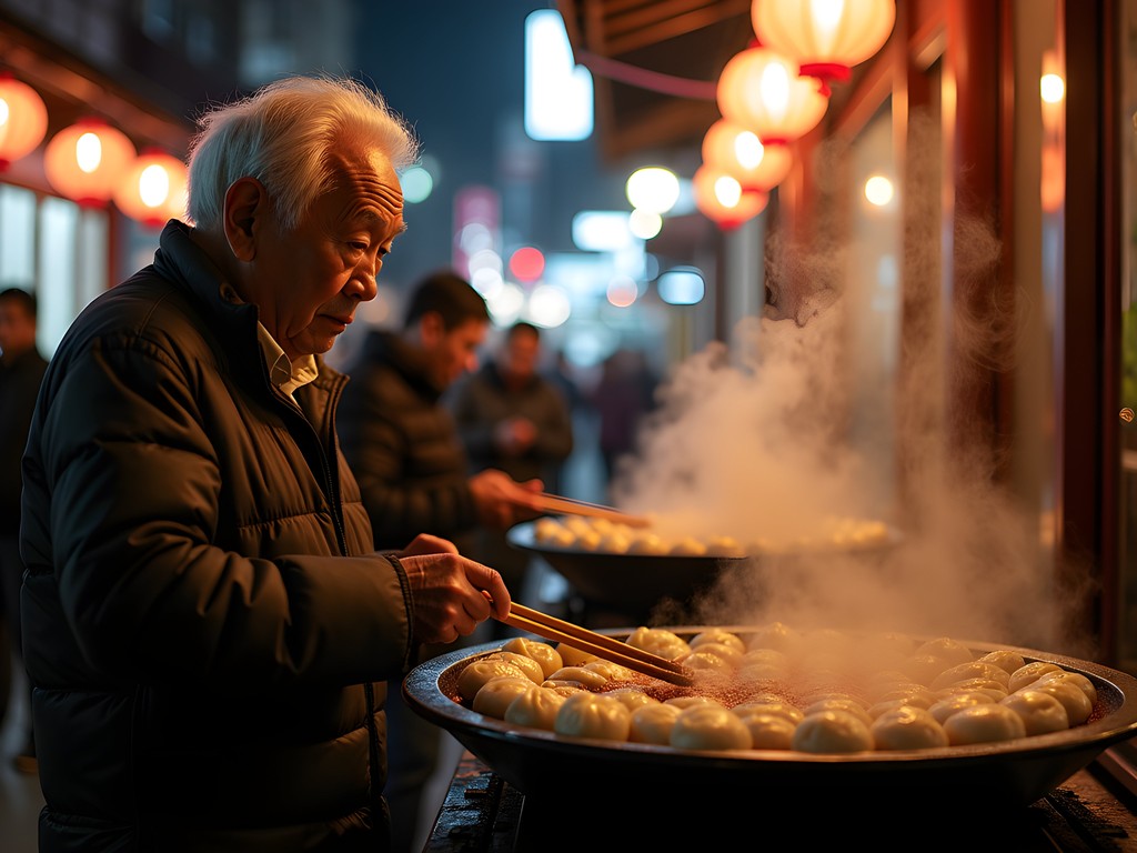Traditional Shanghai street food vendor preparing sheng jian bao (pan-fried pork buns) in Old Shanghai