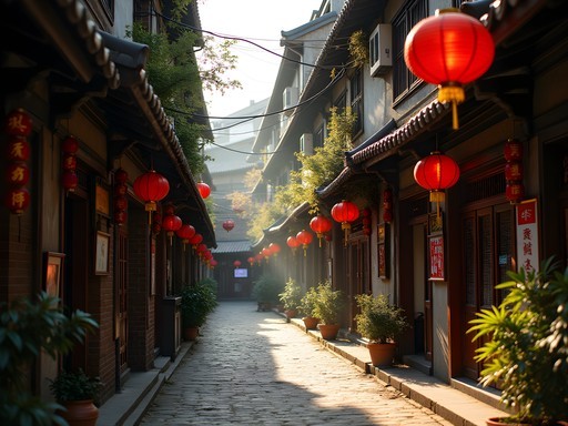 Narrow alleyway in Tianzifang with traditional shikumen architecture and modern art galleries