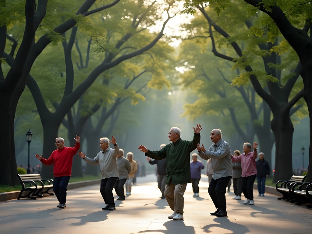 Morning tai chi practice in Fuxing Park with elderly Shanghai residents