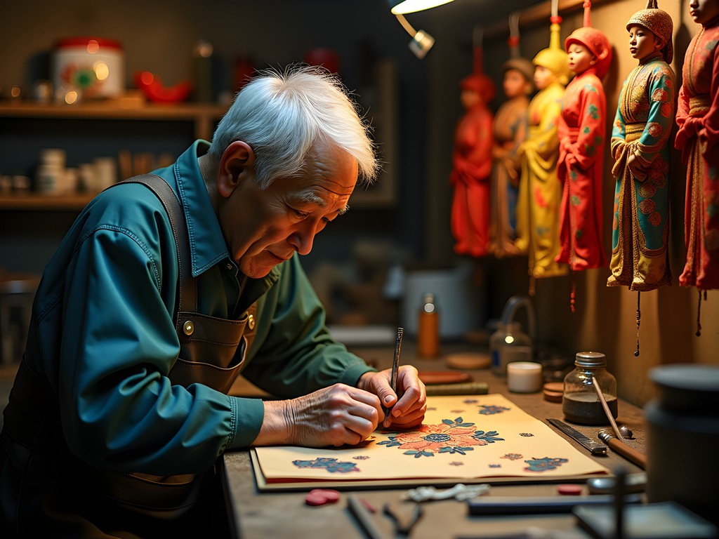 Traditional Chinese shadow puppet workshop in Shanghai with master craftsman