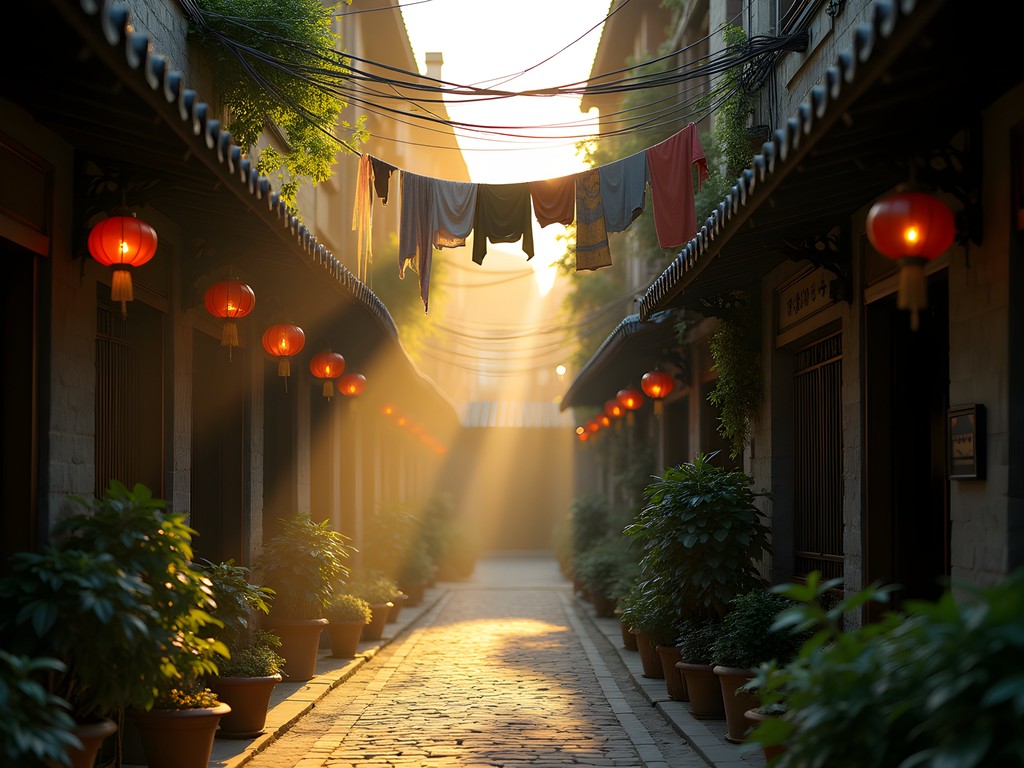 Morning light streaming through traditional shikumen alleyway in Tianzifang, Shanghai