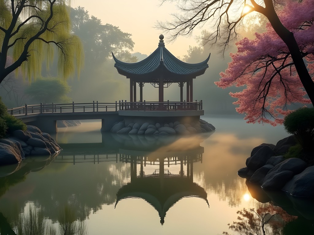 Early morning light in Yu Garden with traditional pavilion reflected in pond, Shanghai