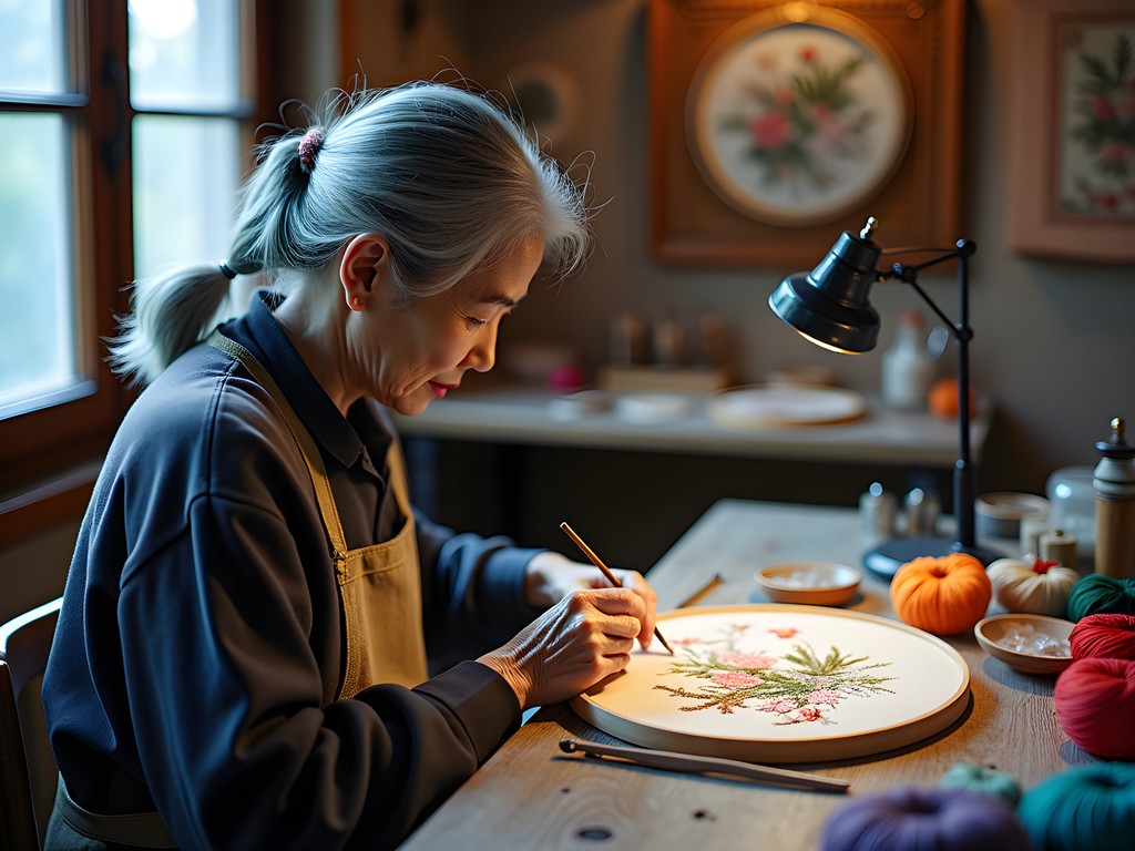 Traditional Chinese silk embroidery master creating detailed artwork in Yuyuan Bazaar, Shanghai