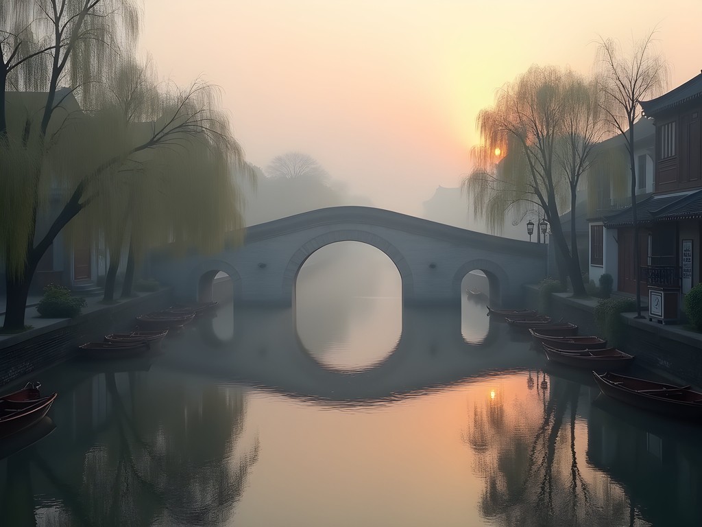 Misty morning at Fangsheng Bridge in Zhujiajiao water town near Shanghai