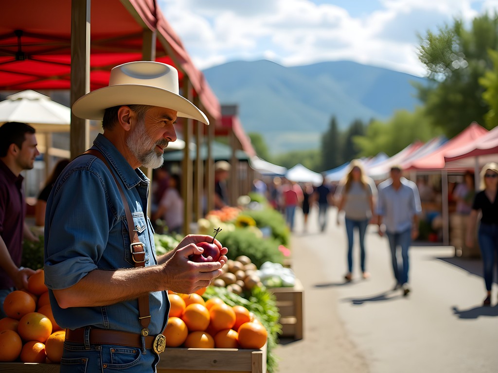 Sheridan Wyoming Farmers Market with local foods and Bighorn Mountains backdrop