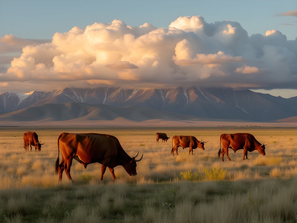 Sustainable cattle ranching practices in Wyoming grasslands with Bighorn Mountains backdrop