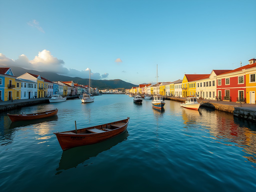 Colorful Georgian buildings lining St. George's harbor at morning light with fishing boats