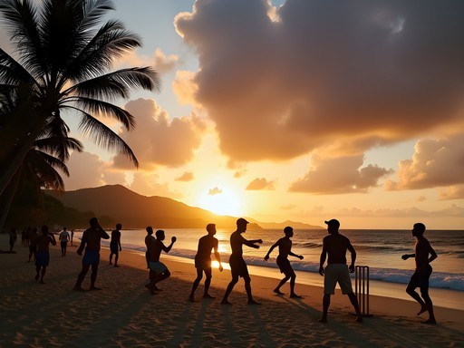 Impromptu beach cricket game at sunset on Grand Anse Beach in Grenada with families playing