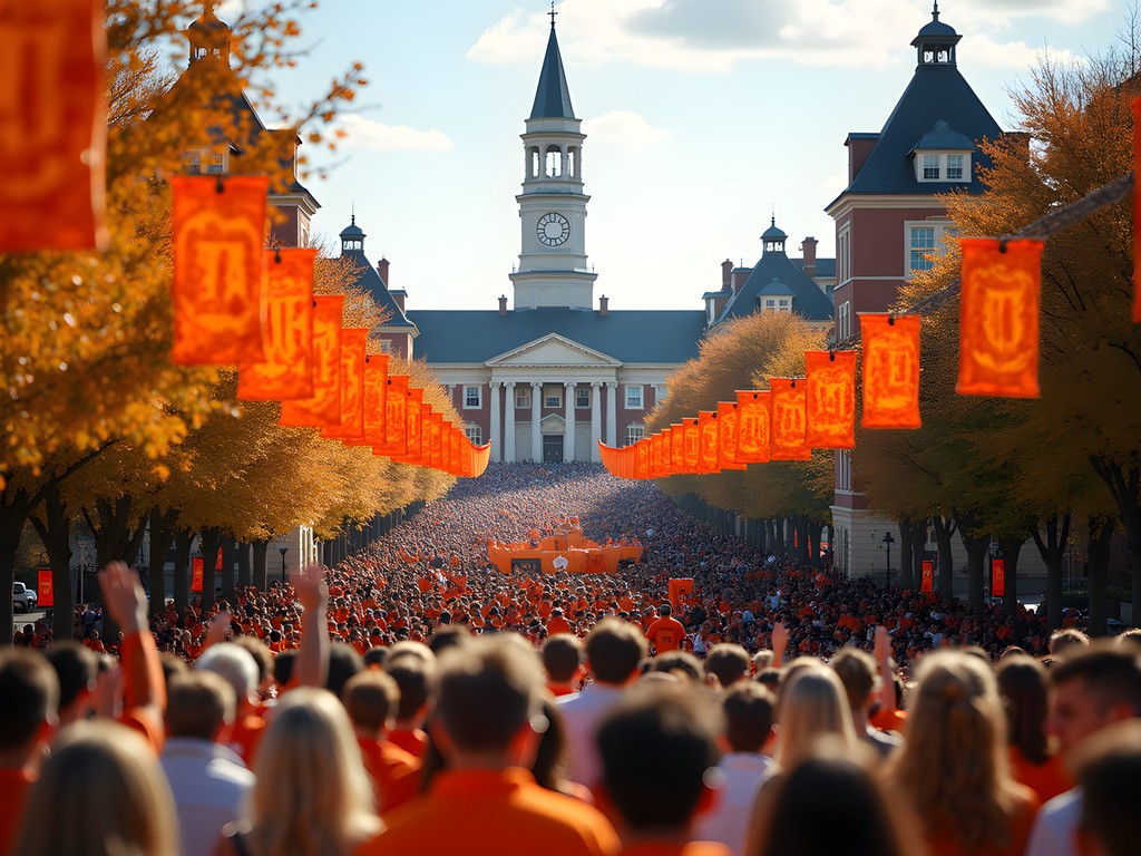 Oklahoma State University homecoming celebration with orange decorations and crowds