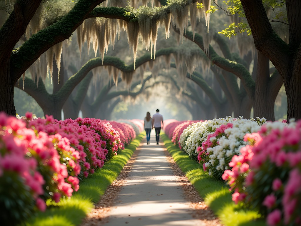 Couple walking down azalea-lined pathway in Summerville during spring bloom