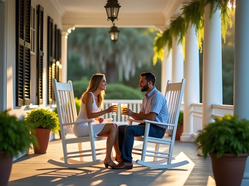 Couple enjoying sweet tea on historic home porch in Summerville