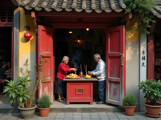 Small neighborhood earth god shrine in Dadaocheng district with fresh fruit offerings