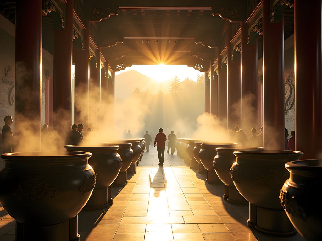 Morning incense smoke rising at Longshan Temple in Taipei with worshippers in prayer