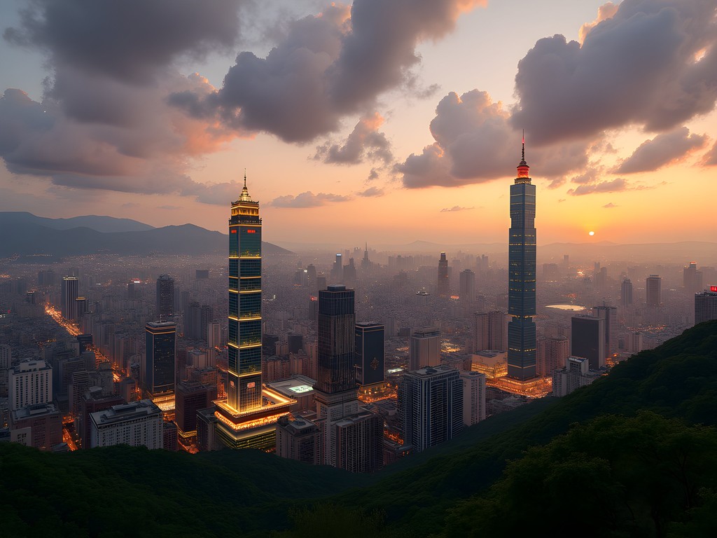 Sunset view of Taipei cityscape with Taipei 101 and temple roofs visible from Elephant Mountain