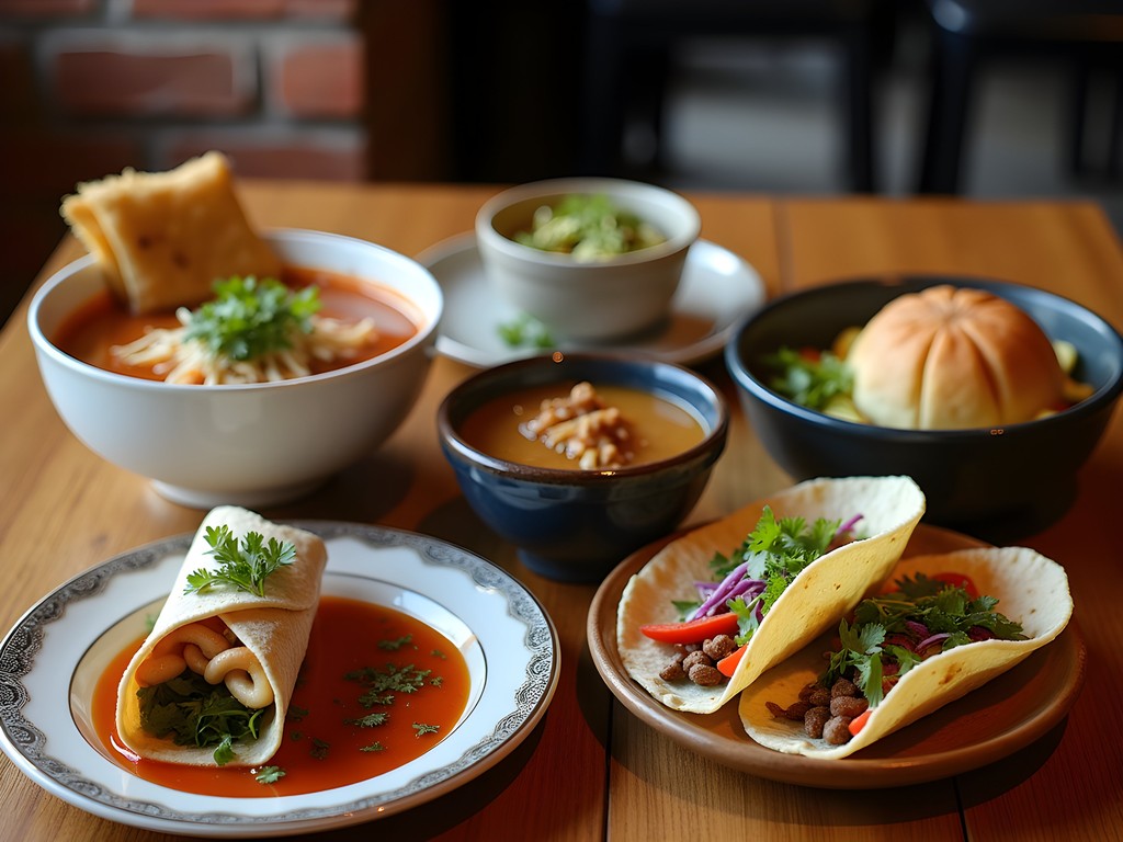 Various international dishes from Taylorsville restaurants on a table
