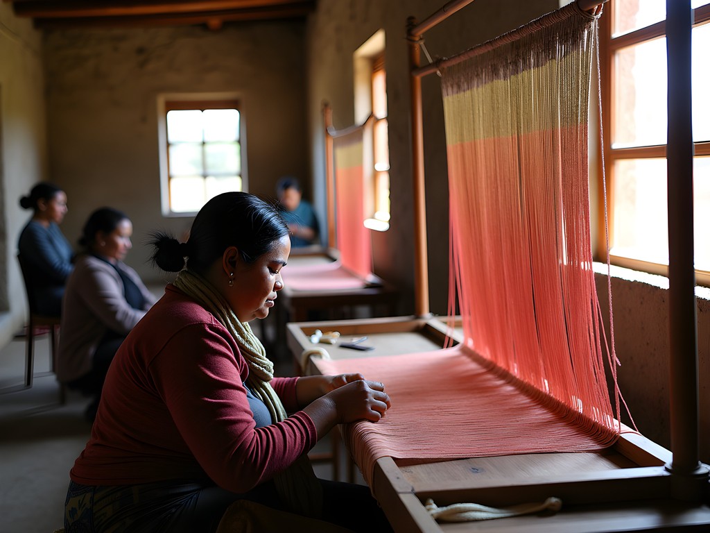 Basotho women working on traditional looms in Teyateyaneng tapestry workshop