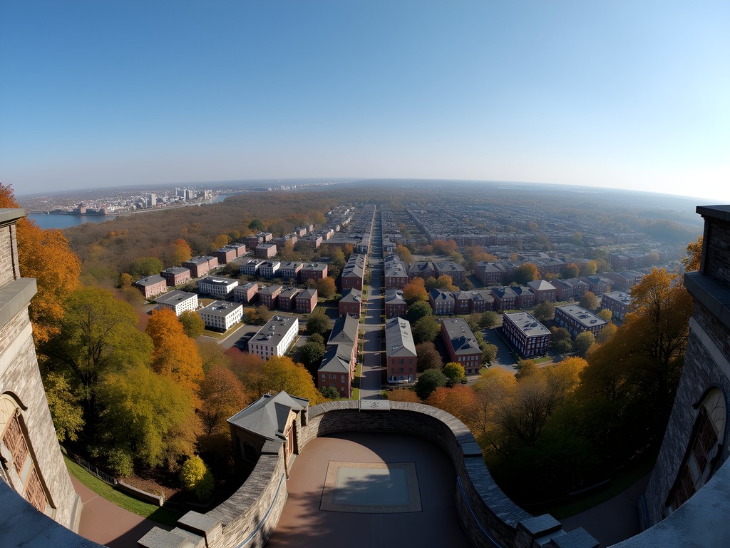 Aerial view of historic Trenton from Battle Monument observation deck showing battlefield layout