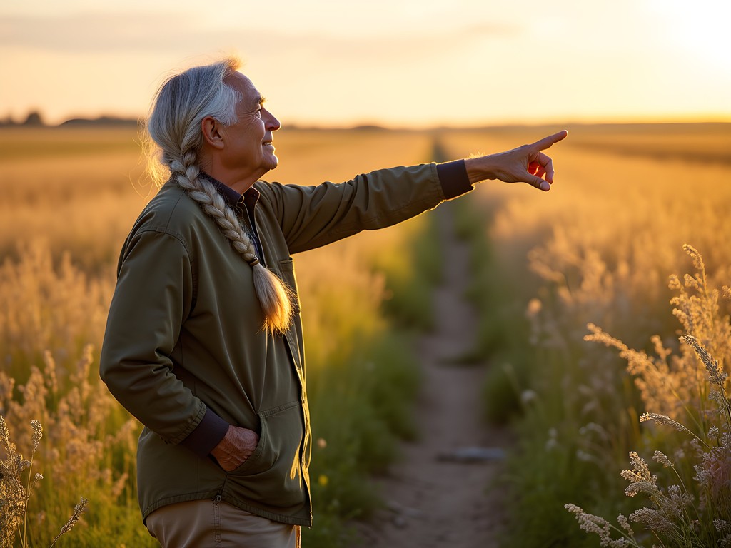 Dakota elder sharing traditional plant knowledge on Wahpeton prairie path