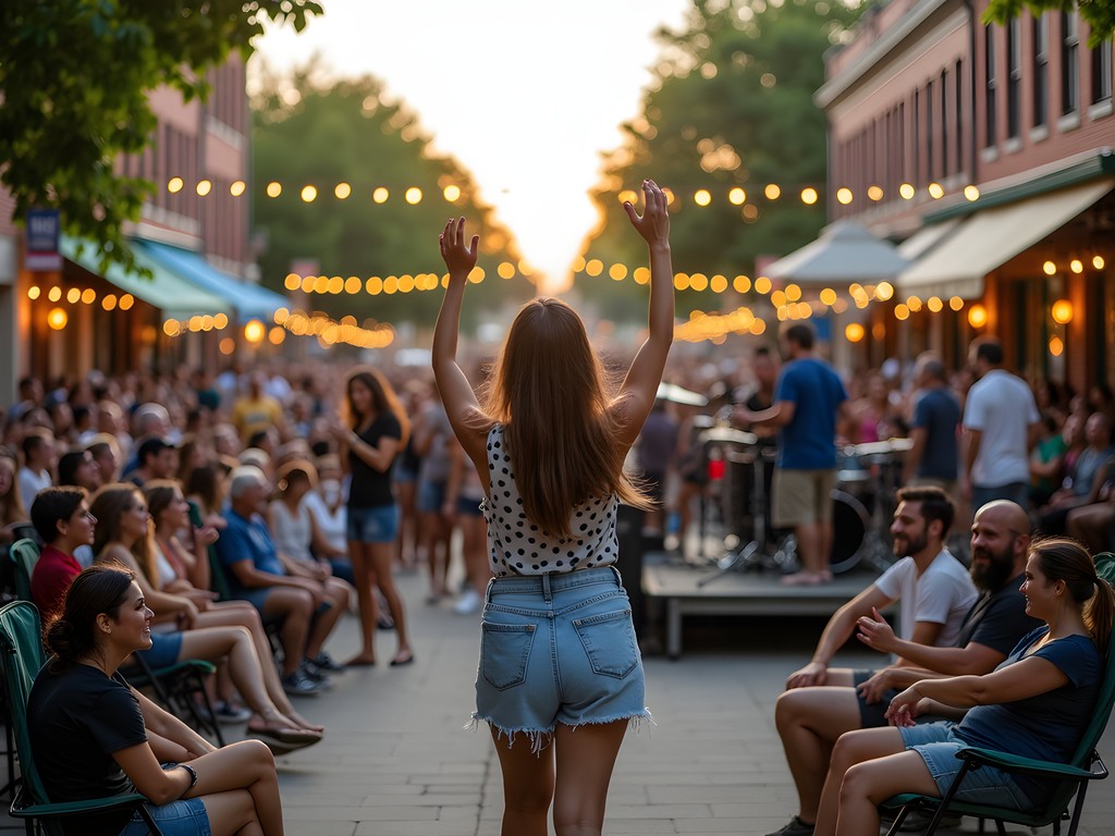 Musicians performing at outdoor stage during Friday Night Live in downtown Waukesha with audience enjoying the music