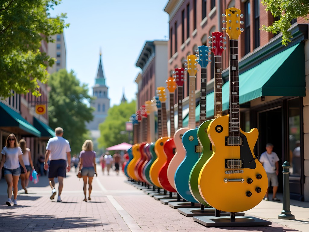 Colorful guitar sculptures in downtown Waukesha Wisconsin public art display