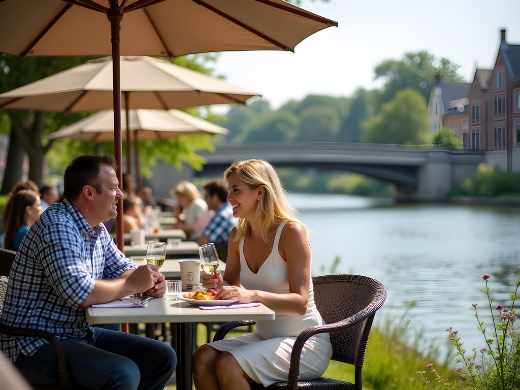 Couple enjoying riverside cafe dining along the Fox River in downtown Waukesha