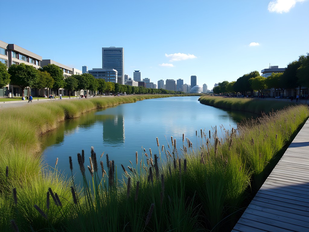 Whairepo Lagoon on Wellington waterfront with native plantings and city skyline